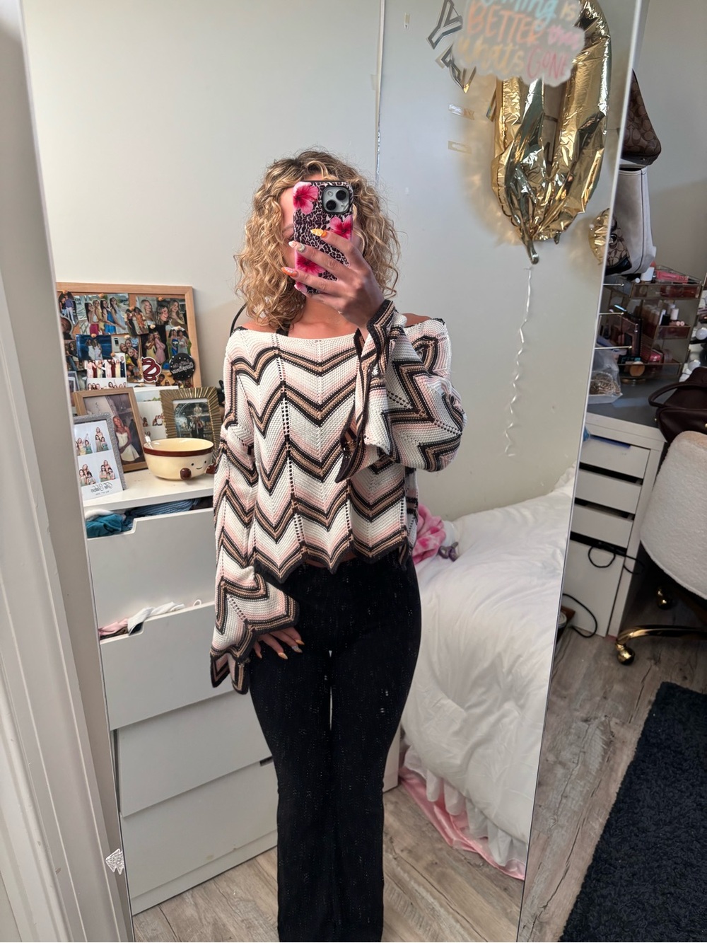 Francesca's Audrey Parks Striped V-Neck Knit Sweater in Cream, Pink & Black